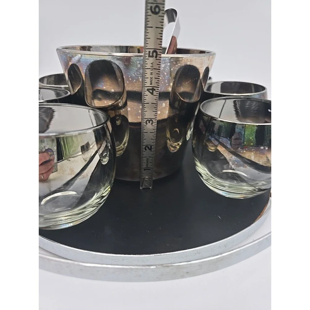 Queen's Luster Silver Fade Bar Set with Roly Poly Glasses Ice Bucket Tray Tongs